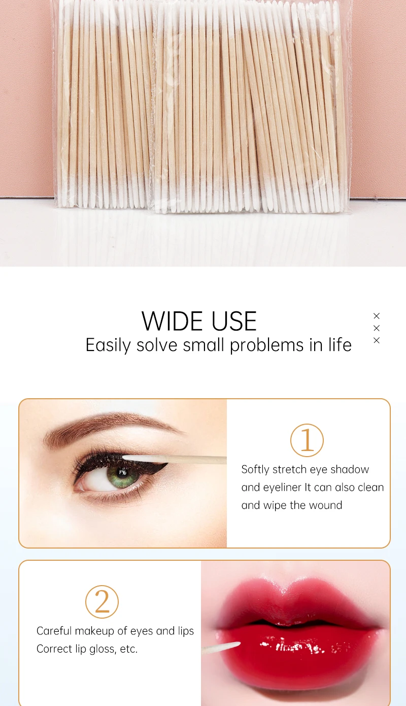 Disposable Ultra-small Double-end Wood Cotton Swab 100pcs Lint Free Micro Brushes Eyelash Extension Glue Removing Tools