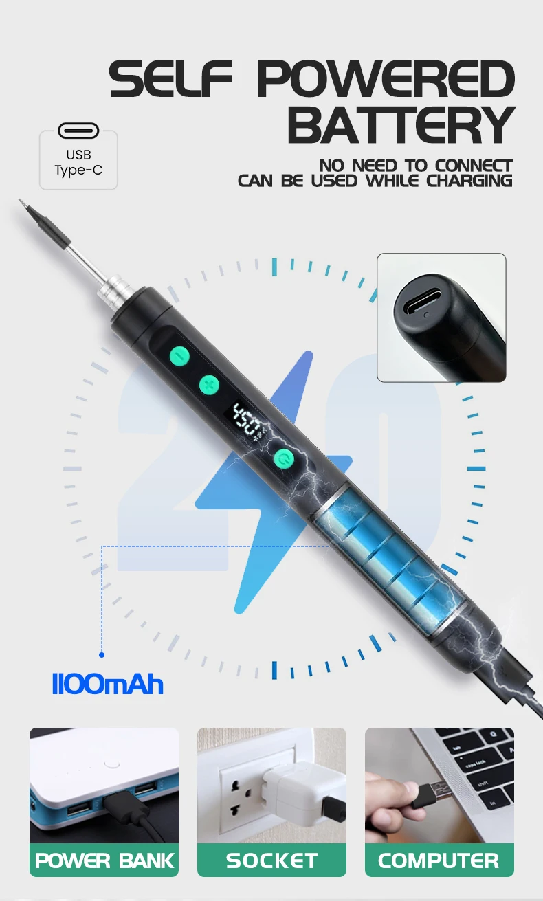 USB Soldering Iron Mini Small Soldering Iron Set Portable Household Type-C Interface 800mAh Battery Adjustable Temperature