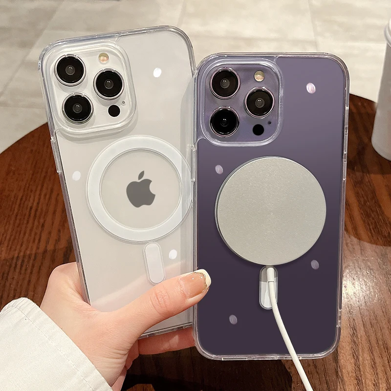 For Magesafe Magnetic Transparent Wireless Charge Case For iPhone 11 12 13 14 15 16 17 Air Pro Max Plus Mini Shockproof PC Cover