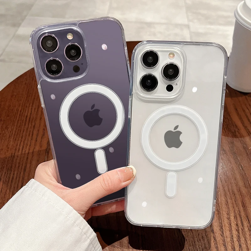 For Magesafe Magnetic Transparent Wireless Charge Case For iPhone 11 12 13 14 15 16 17 Air Pro Max Plus Mini Shockproof PC Cover