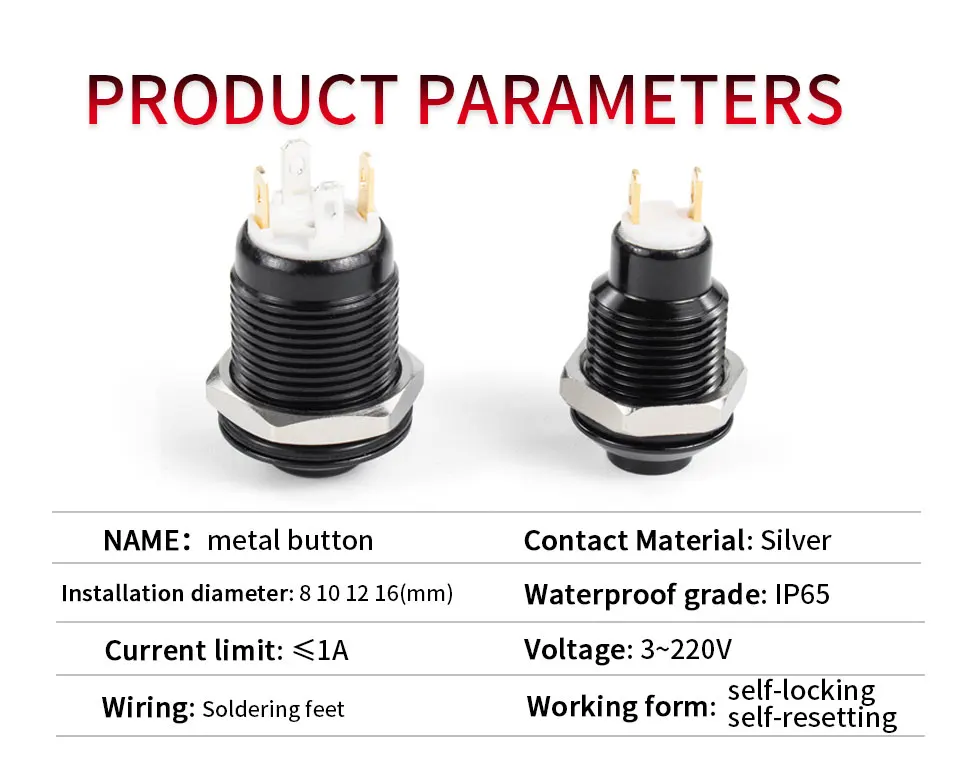 1NO High head Waterproof Metal Push Button Switch LED Light Self-locking/reset 3/6/12/24/220V 8/10/12/16mm Oxidized black