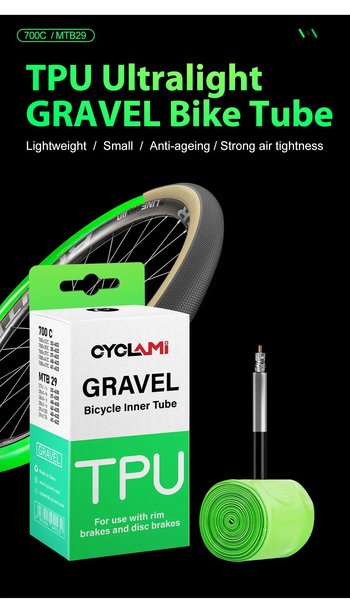 CYCLAMI Ultralight Road MTB 29 Bike TPU Inner Tube Tire French Valve FV 45mm For Gravel 700C 32C 35C 37C 40C 47C Super Light