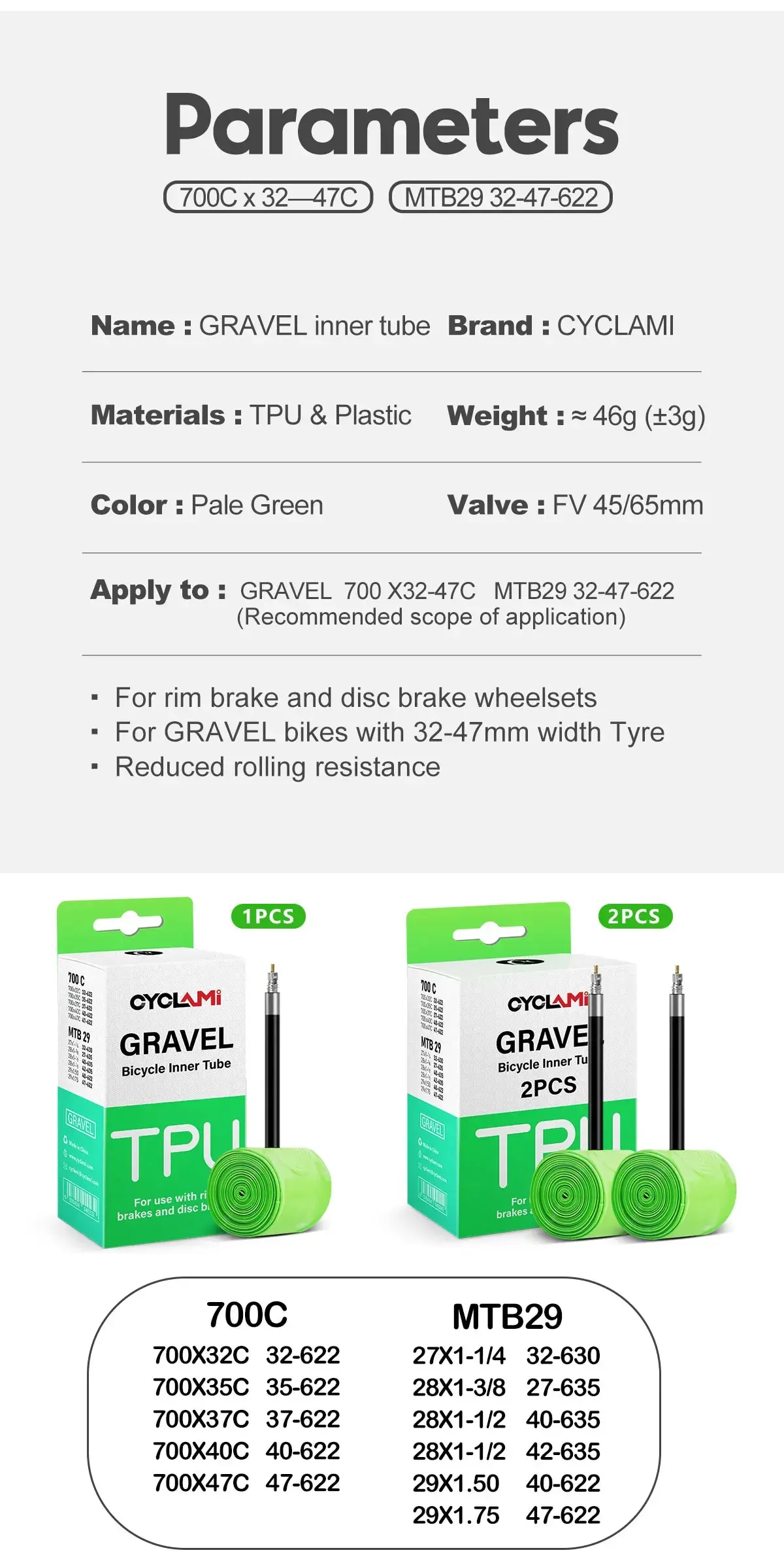 CYCLAMI Ultralight Road MTB 29 Bike TPU Inner Tube Tire French Valve FV 45mm For Gravel 700C 32C 35C 37C 40C 47C Super Light
