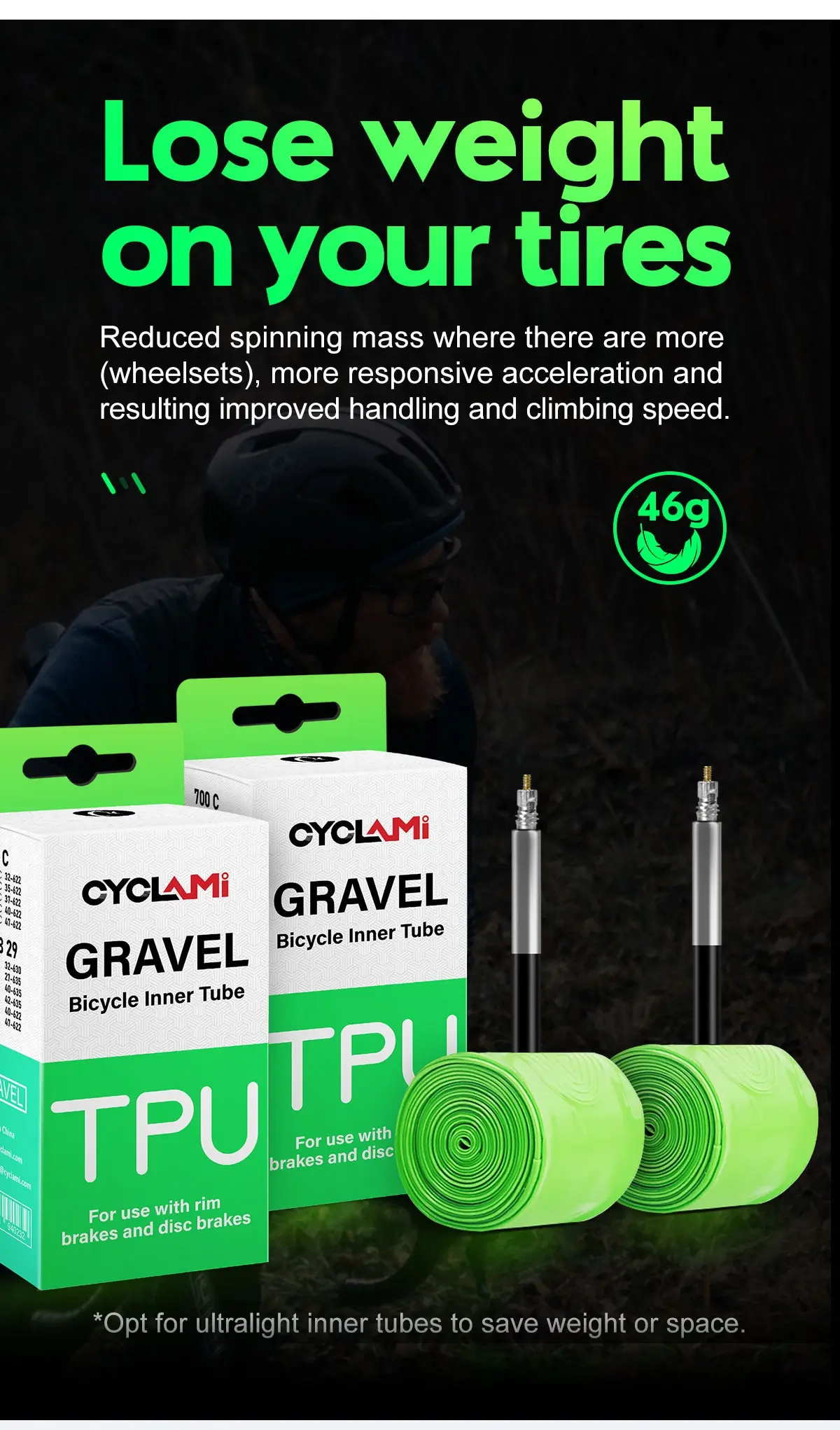 CYCLAMI Ultralight Road MTB 29 Bike TPU Inner Tube Tire French Valve FV 45mm For Gravel 700C 32C 35C 37C 40C 47C Super Light