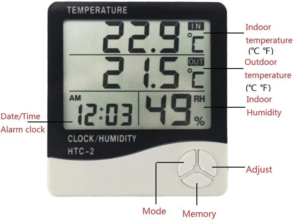 LCD Digital Temperature Humidity Meter HTC-2/HTC-1 Home Indoor Outdoor Hygrometer Thermometer Weather Station with Clock