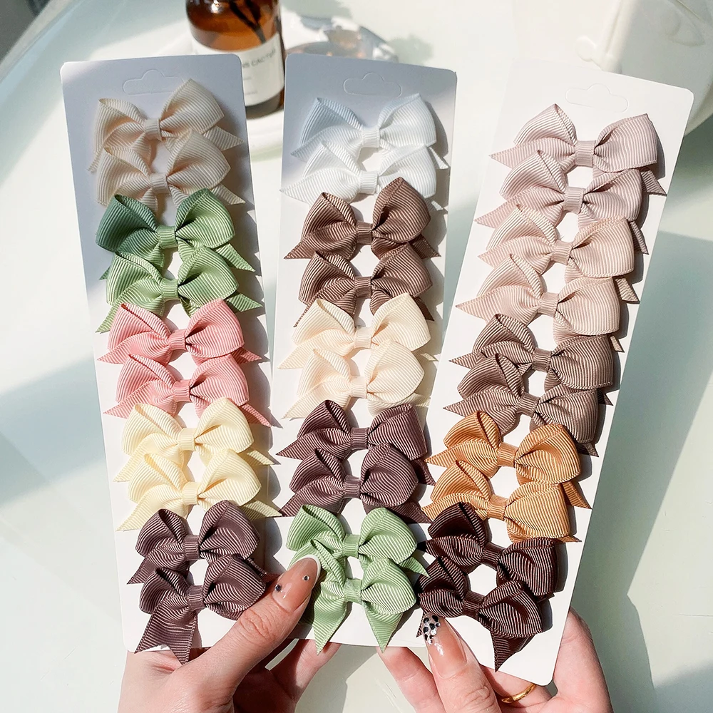 10Pcs/Set Solid Color Kids Bows Hair Clips for Baby Girls Handmade Ribbon Bowknot Hairpin Barrettes New Year Hair Accessories