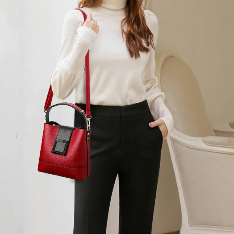 Women Leather Bucket Bag, Stylish Top Handle, Comfortable Shoulder Strap, Fashion-Forward Design Handbag Shoulder Crossbody Bags