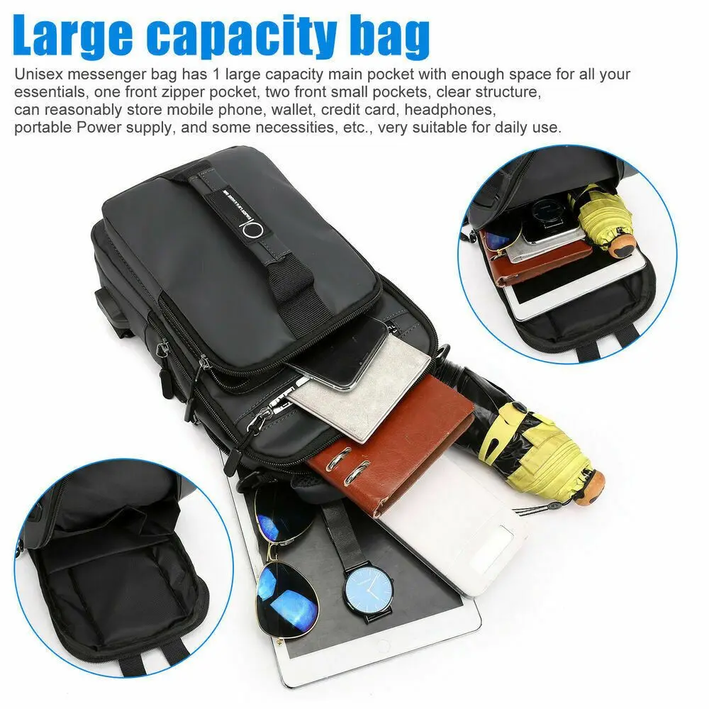 Men's Sling Crossbody Bag Anti-theft Chest Shoulder Messenger Backpack USB Port