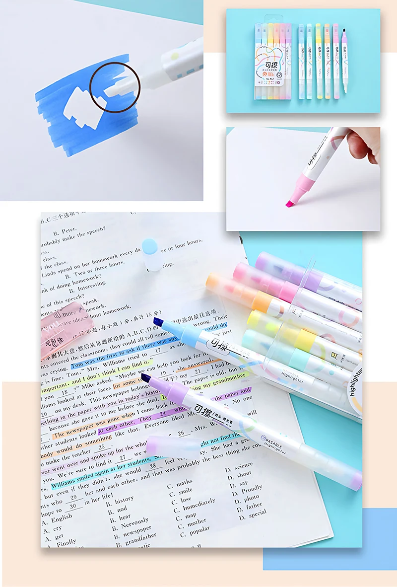 Set of 6 Colors Kawaii Erasable Highlighters Double Headed Note Taking Underlining 4mm Thick Markers Fluorescent Note Pens