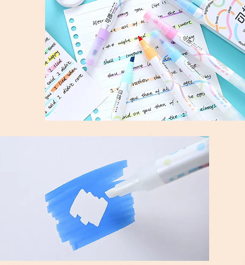 Set of 6 Colors Kawaii Erasable Highlighters Double Headed Note Taking Underlining 4mm Thick Markers Fluorescent Note Pens
