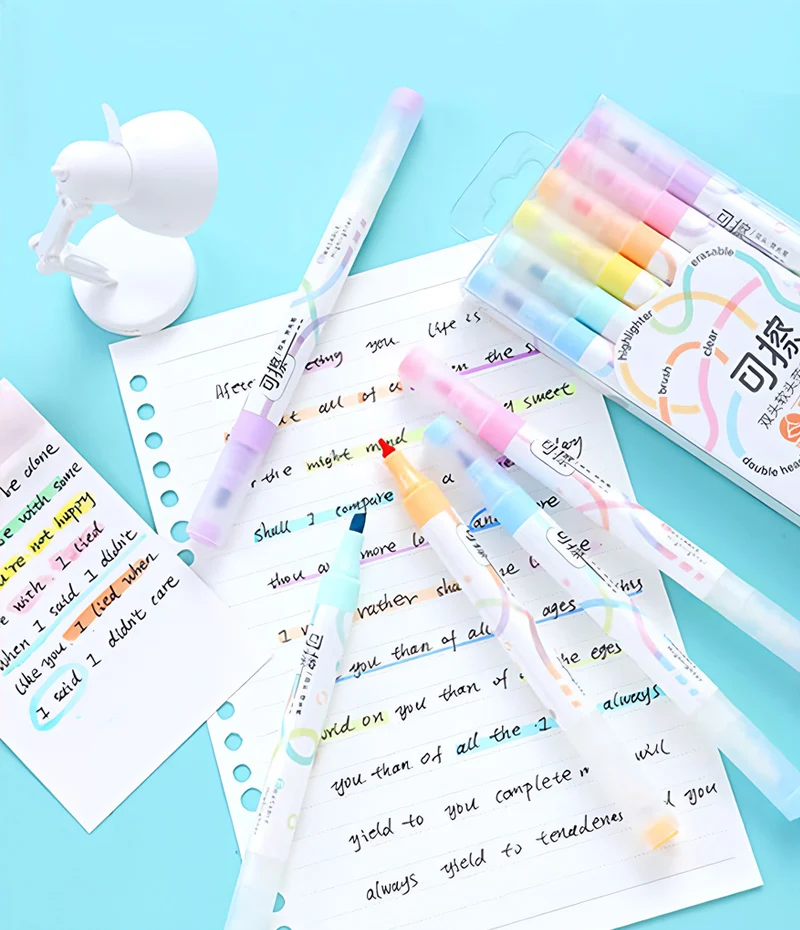 Set of 6 Colors Kawaii Erasable Highlighters Double Headed Note Taking Underlining 4mm Thick Markers Fluorescent Note Pens