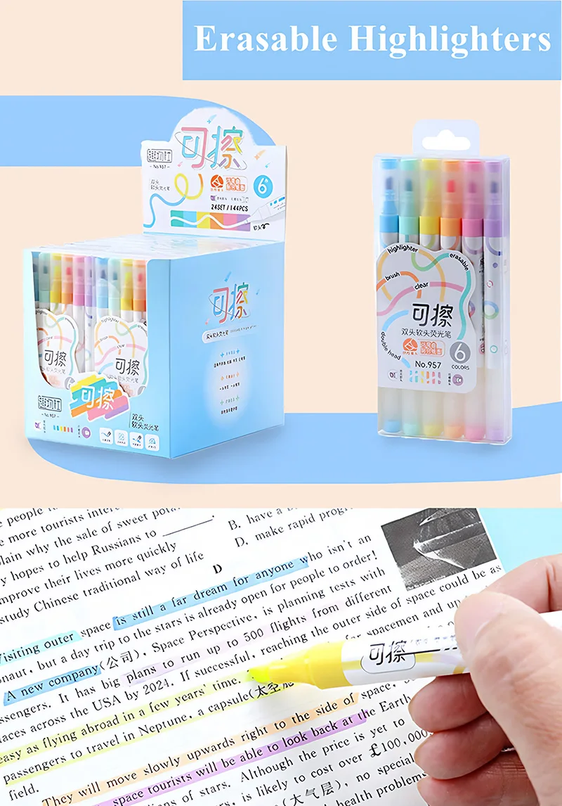 Set of 6 Colors Kawaii Erasable Highlighters Double Headed Note Taking Underlining 4mm Thick Markers Fluorescent Note Pens