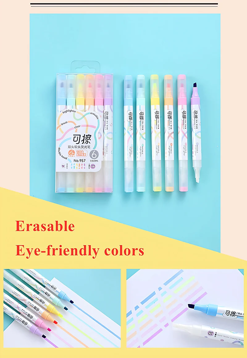 Set of 6 Colors Kawaii Erasable Highlighters Double Headed Note Taking Underlining 4mm Thick Markers Fluorescent Note Pens