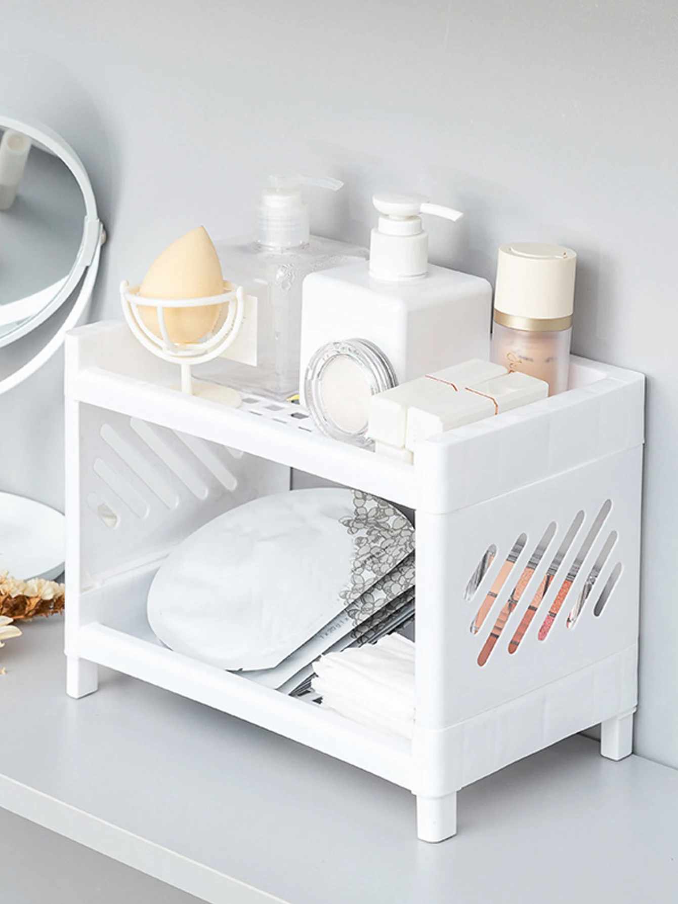 1PC PP Desktop Double Layer Storage Rack Rectangular White Organizing Student Desk Office Cosmetics Stationery