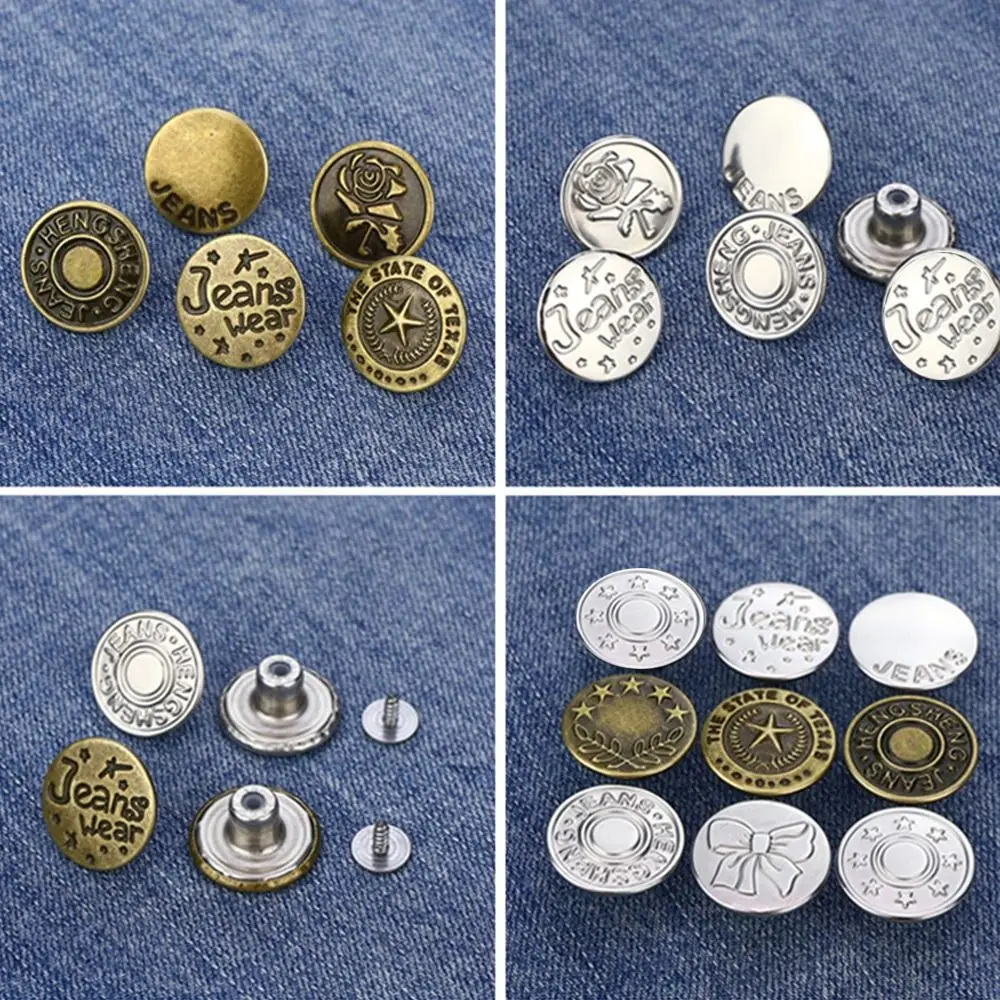 10Pcs Metal Jeans Buttons 17mm Replacement No-Sewing Screw Button Repair Kit Nailless Removable Jean Buckles Clothing Pants Pins