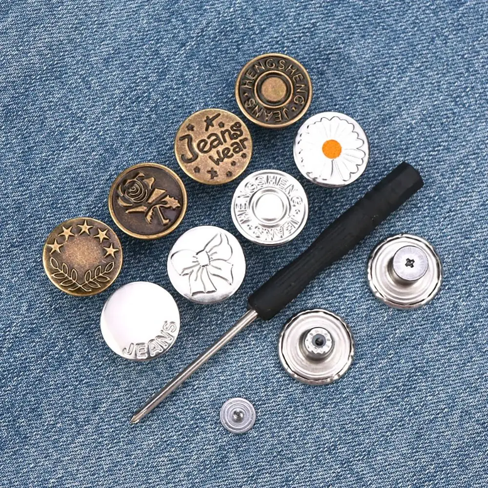10Pcs Metal Jeans Buttons 17mm Replacement No-Sewing Screw Button Repair Kit Nailless Removable Jean Buckles Clothing Pants Pins