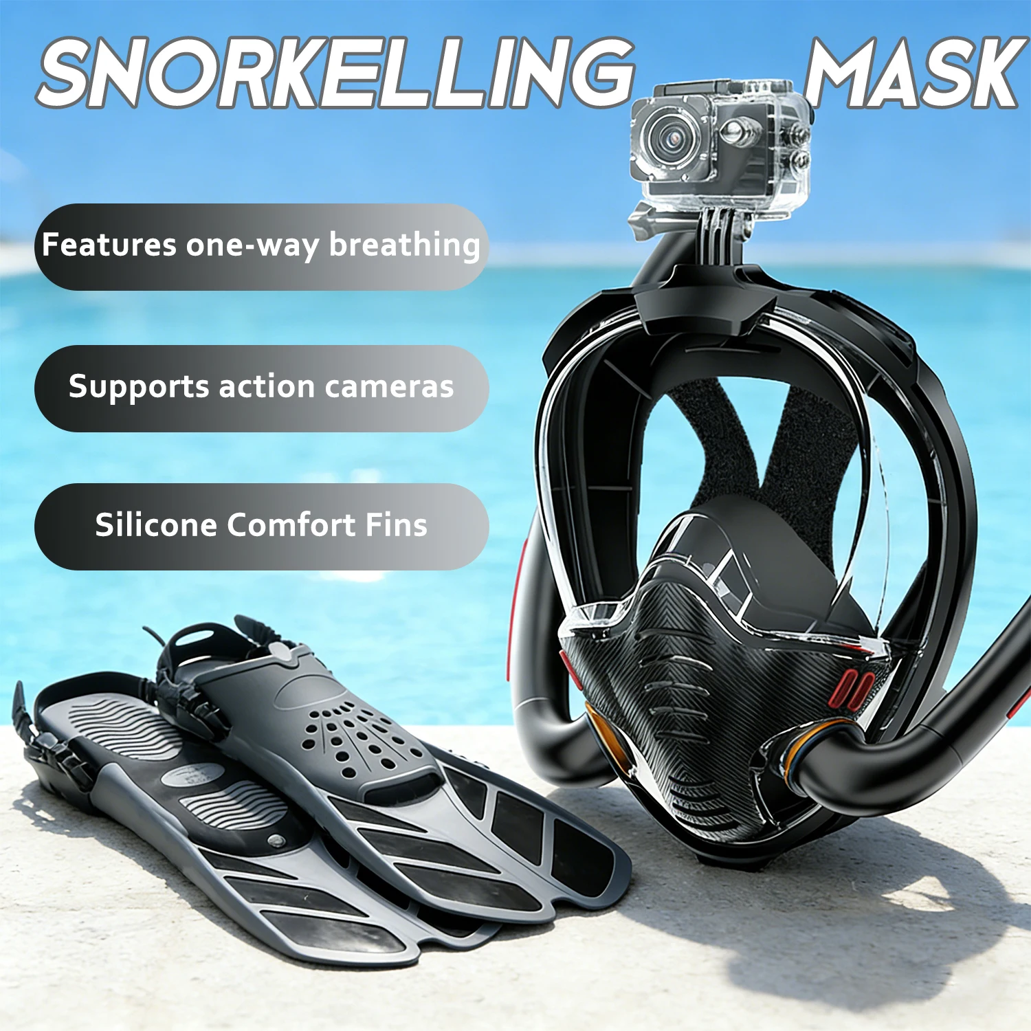 Adult Full Face Snorkel Mask Set Double-Tube Silicone Short Fins Set Panoramic View Adjustable Dive Flipper Dry Top Snorkel Gear