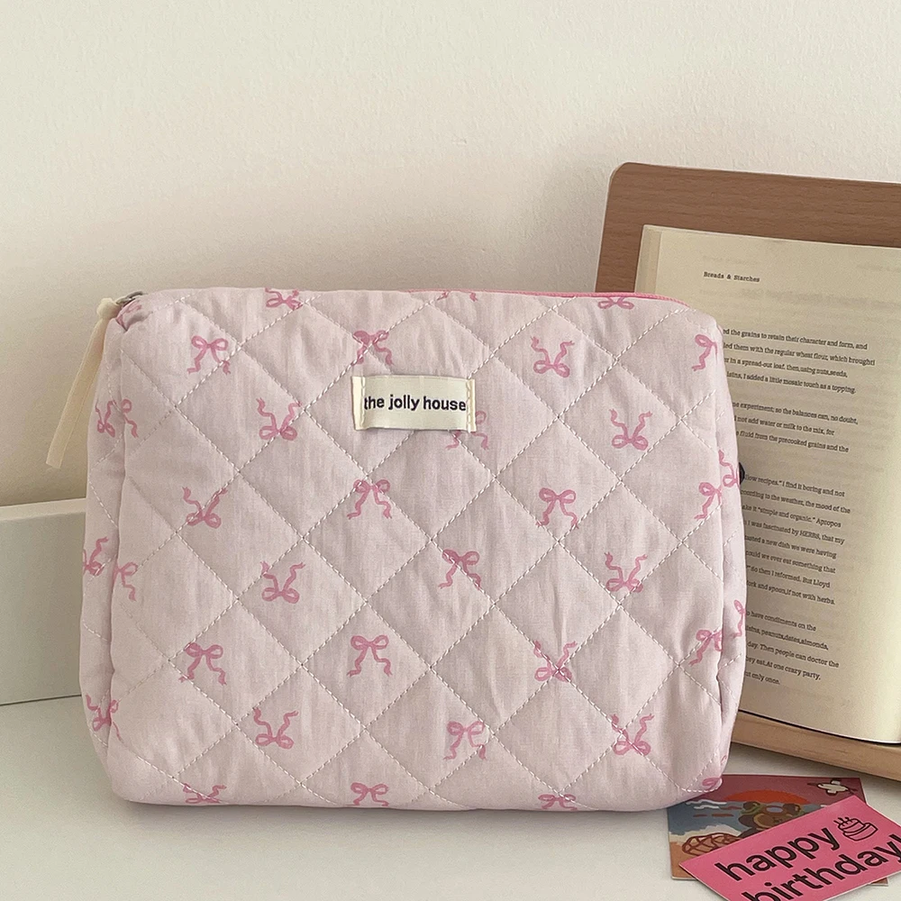 2024 Pink Bowknot Quilting Women Cosmetic Bag Portable Zipper Makeup Travel Organizer Female Handbag Toiletry Pouch For Girls