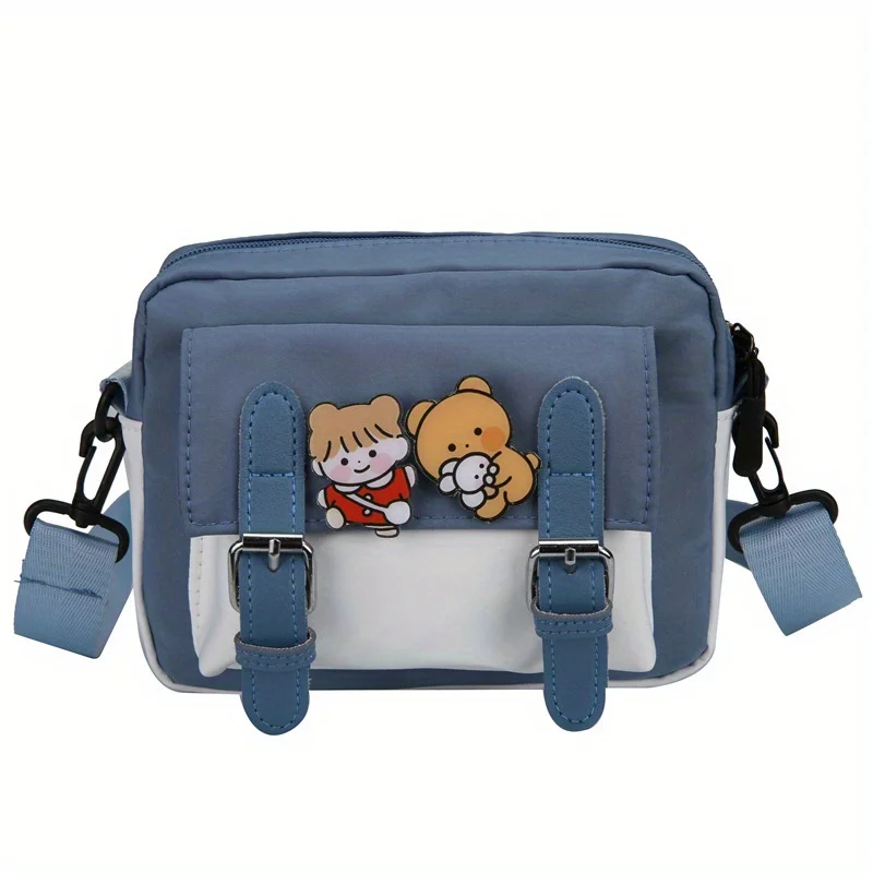 Girl's Fashion Nylon Shoulder Bag with Badge, Harajuku Shoulder Bag, Casual Square Cute Messenger Bag For Women Travel Going Out