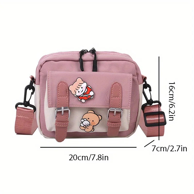 Girl's Fashion Nylon Shoulder Bag with Badge, Harajuku Shoulder Bag, Casual Square Cute Messenger Bag For Women Travel Going Out