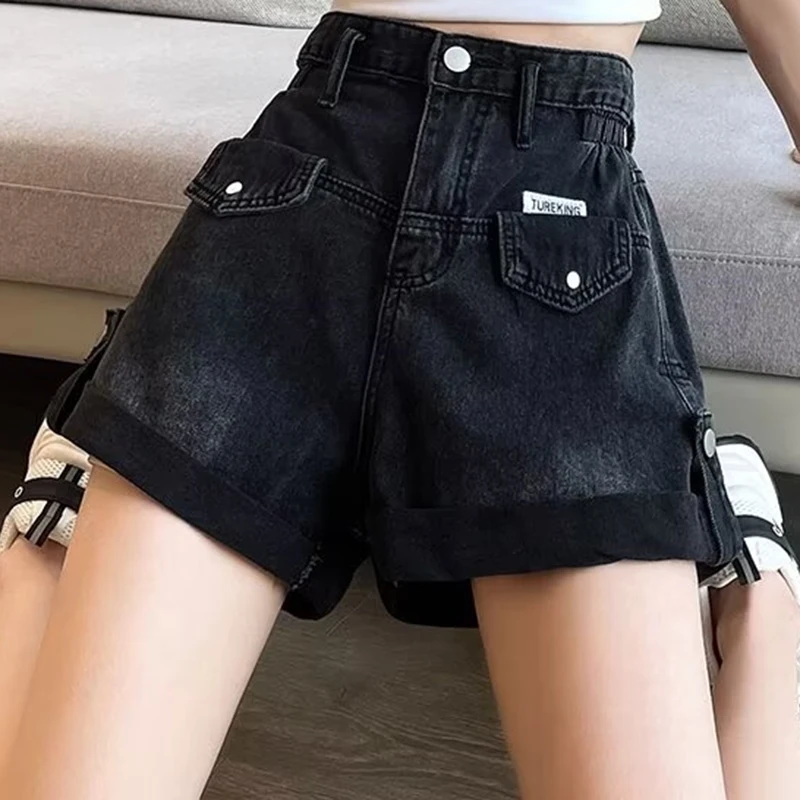 2024 Summer Women Shorts Pants Lady High Waisted Loose High Street Denim Pants Female Streetwear Black Gray Wide Leg Short Jeans