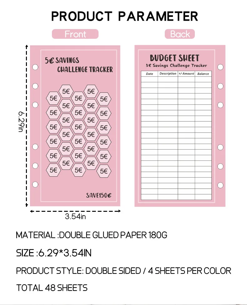 48Sheets Envelopes Eave Money, 52 Weeks Save Challenge, 30 Days Save, Euros USD Cash Envelopes Budget Planner Easy To Save