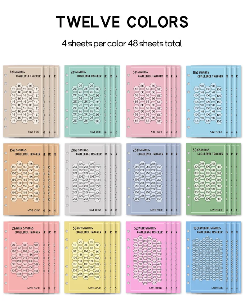 48Sheets Envelopes Eave Money, 52 Weeks Save Challenge, 30 Days Save, Euros USD Cash Envelopes Budget Planner Easy To Save