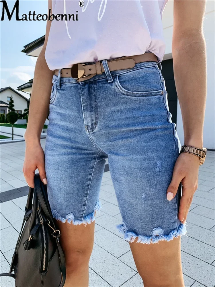 2024 Summer New Vintage Middle Waist Fashion Casual Denim Shorts Push Up Slim Biker Shorts Women Streetwear Ripped Short Jeans