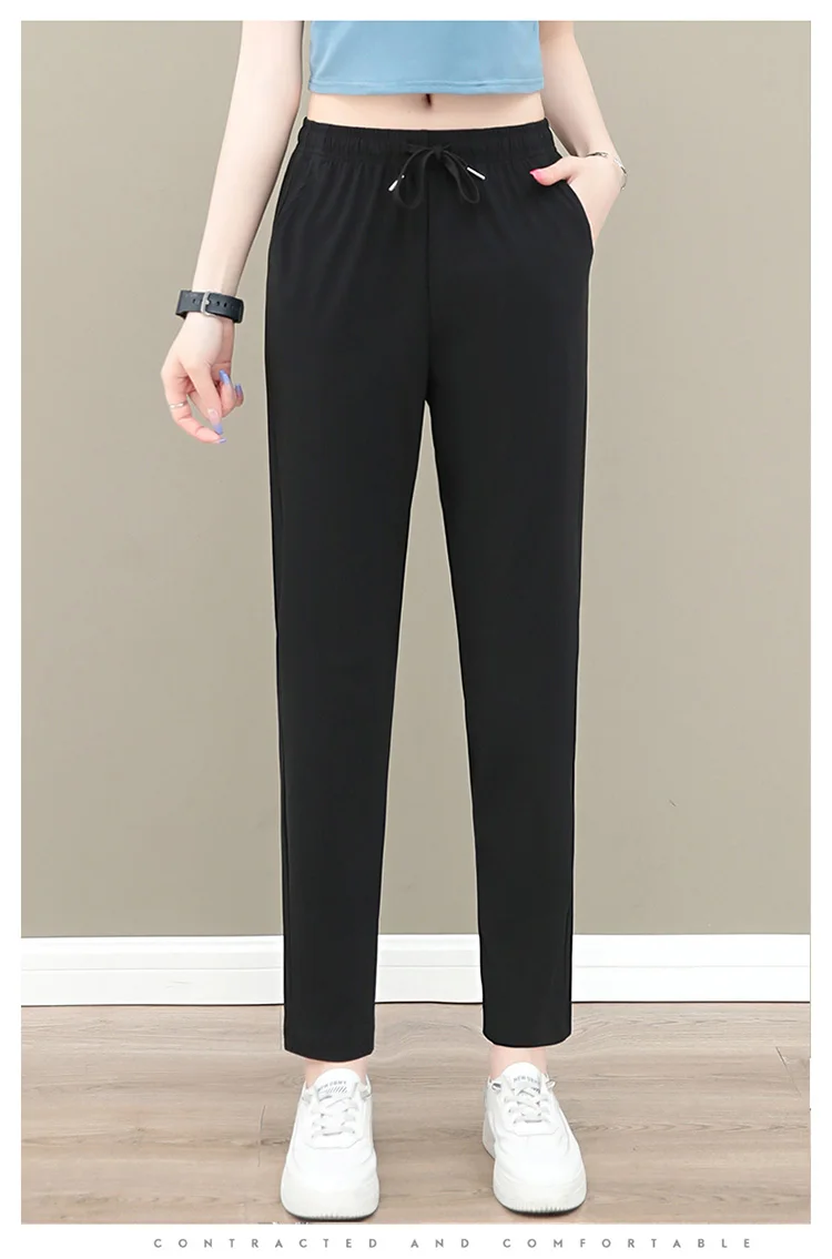 New Women'S Fashion Loose Summer Thin Ice Silk Pants Mom'S Casual High Waist Comfortable Versatile Sports 9-Point Trousers