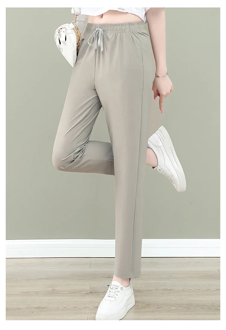 New Women'S Fashion Loose Summer Thin Ice Silk Pants Mom'S Casual High Waist Comfortable Versatile Sports 9-Point Trousers