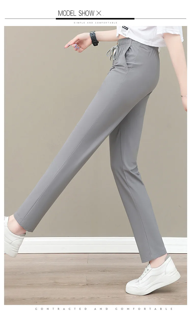 New Women'S Fashion Loose Summer Thin Ice Silk Pants Mom'S Casual High Waist Comfortable Versatile Sports 9-Point Trousers