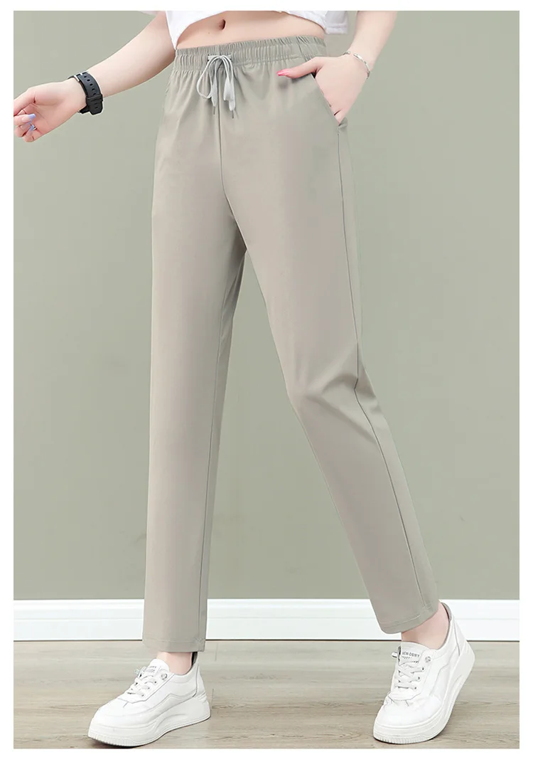 New Women'S Fashion Loose Summer Thin Ice Silk Pants Mom'S Casual High Waist Comfortable Versatile Sports 9-Point Trousers
