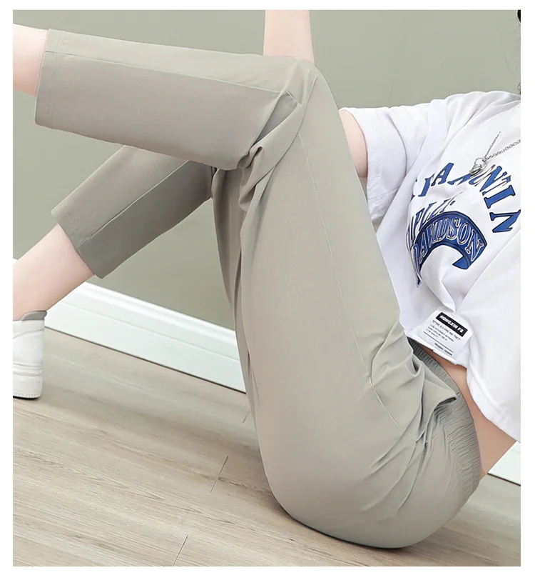 New Women'S Fashion Loose Summer Thin Ice Silk Pants Mom'S Casual High Waist Comfortable Versatile Sports 9-Point Trousers
