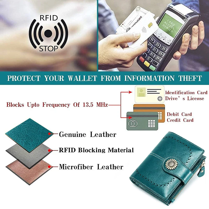 Genuine Leather Fashion RFID Wallet Women Clutch Credit Card Holder Ladies Zipper Clutch Bag Short Wallet Casual Coin Purse