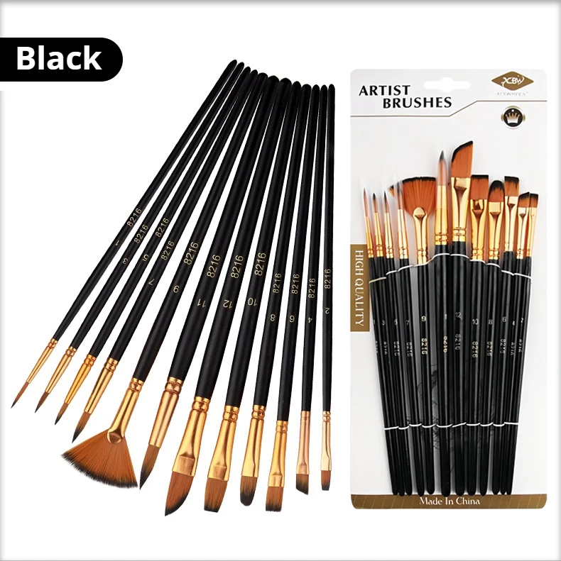 12Pcs Nylon Bristle Brush Set for Artists And Amateurs Flat Brushes for Watercolor Oil Paint Acrylic Painting
