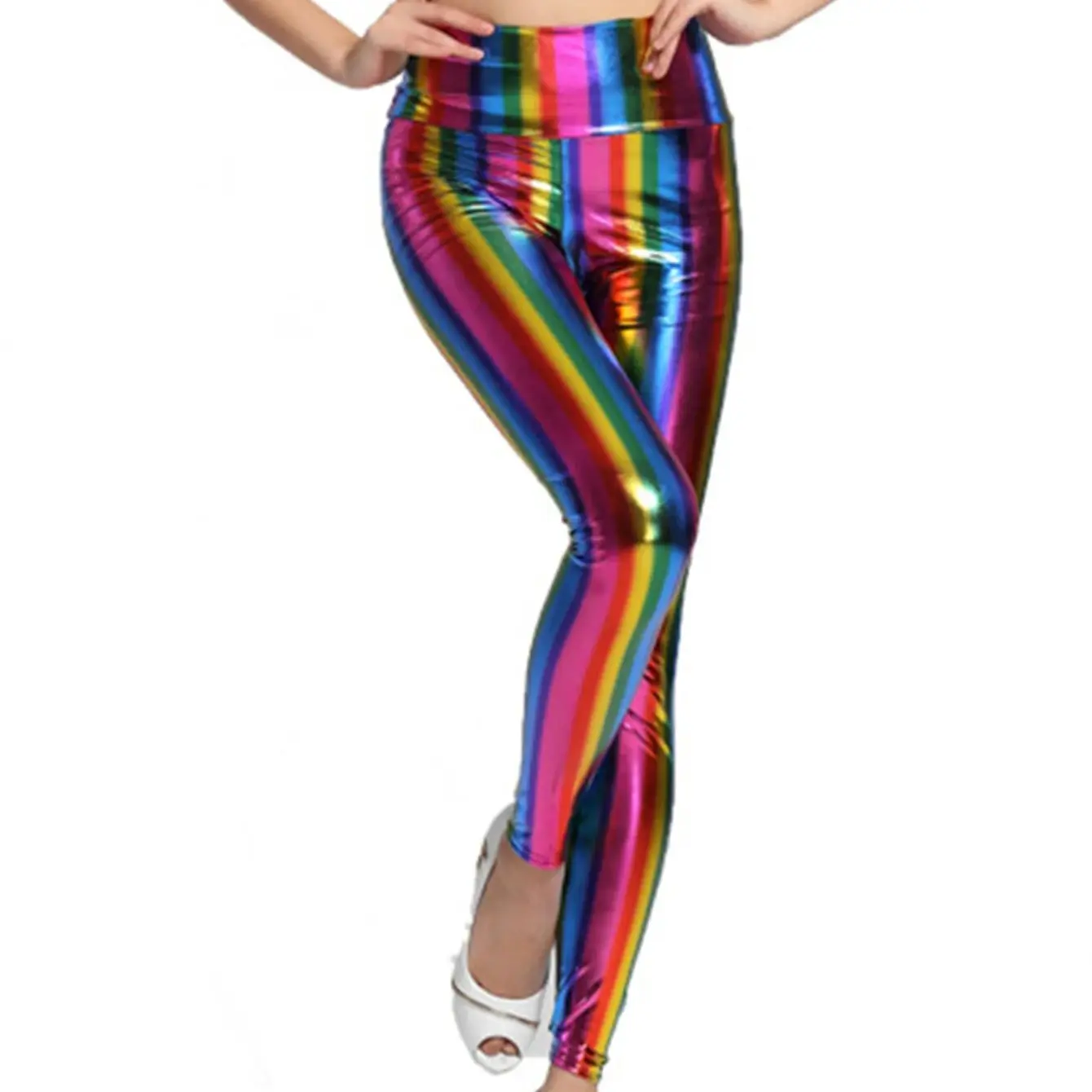Europe And The United States New Sexy Ladies Rainbow Hot Gold Imitation Leather Leggings Striped High-waisted Tights Women