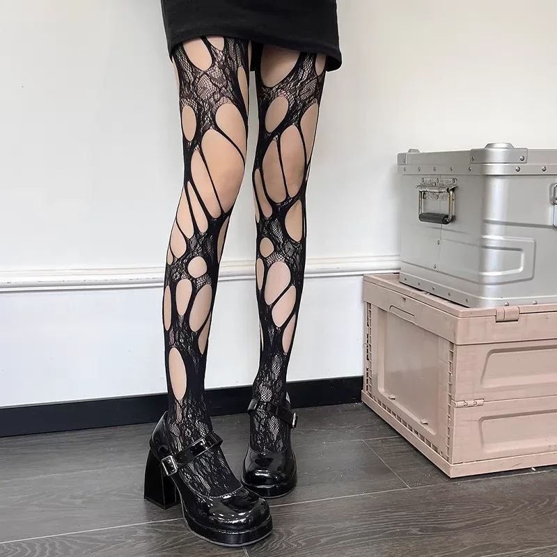 Sexy Hollow Out Pantyhose Women Punk NylonTights Stockings Leggings JK Lolita Hosiery Female Broken Hole Fishnets Streetwears