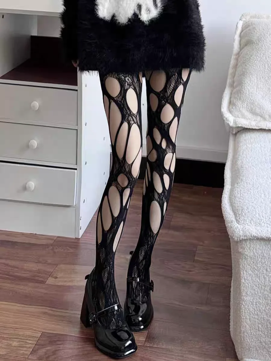 Sexy Hollow Out Pantyhose Women Punk NylonTights Stockings Leggings JK Lolita Hosiery Female Broken Hole Fishnets Streetwears