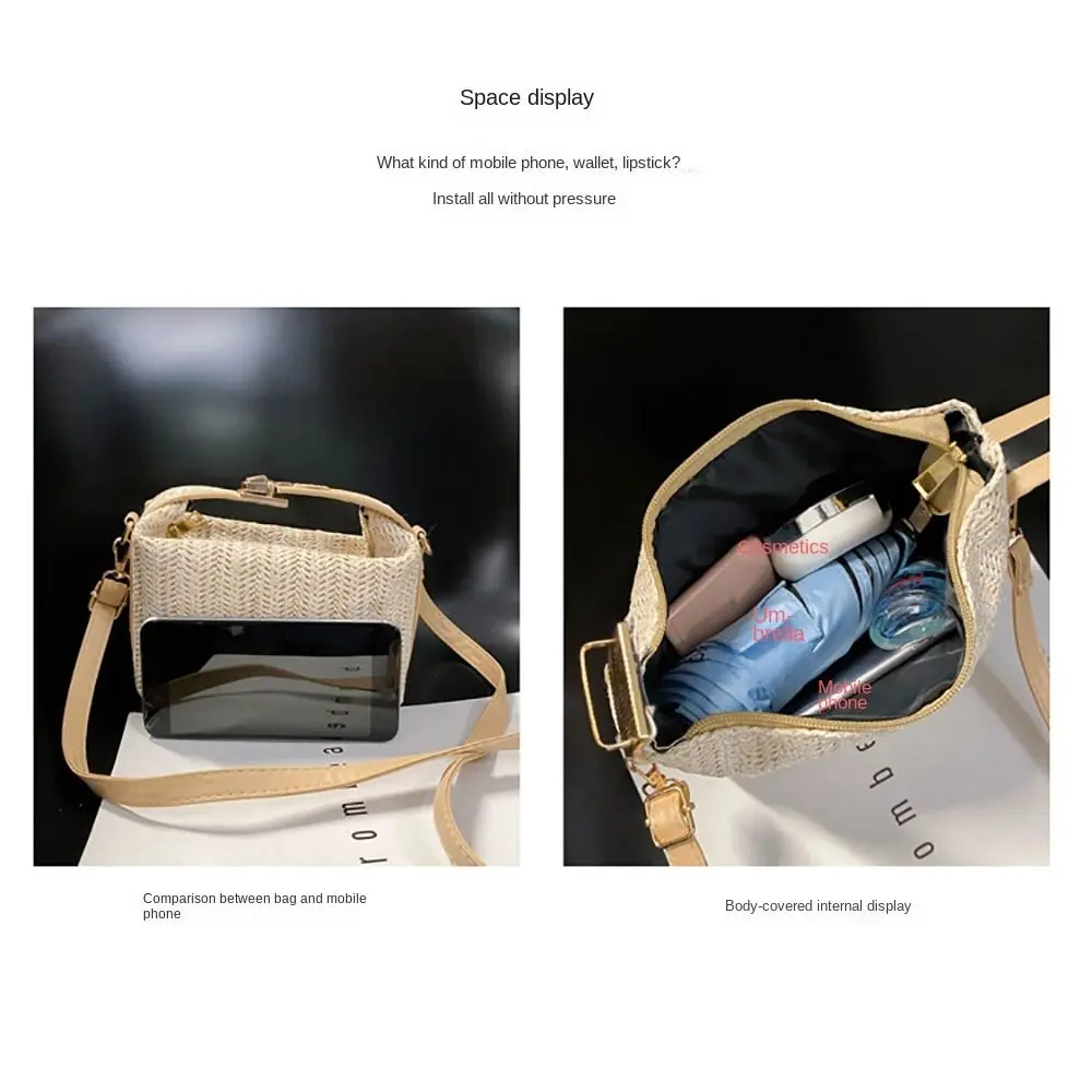 Fashion with Hardware Lock Crossbody Bag Trendy Large Capacity Simple Straw Handbag Soft Handle Beach Bag Women Girl