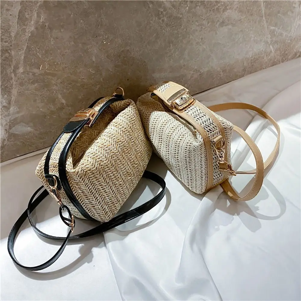 Fashion with Hardware Lock Crossbody Bag Trendy Large Capacity Simple Straw Handbag Soft Handle Beach Bag Women Girl