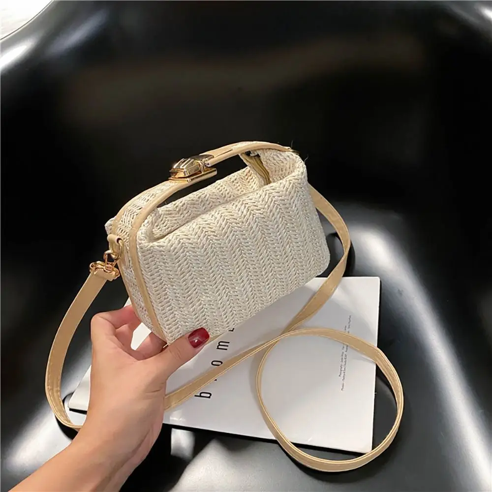Fashion with Hardware Lock Crossbody Bag Trendy Large Capacity Simple Straw Handbag Soft Handle Beach Bag Women Girl