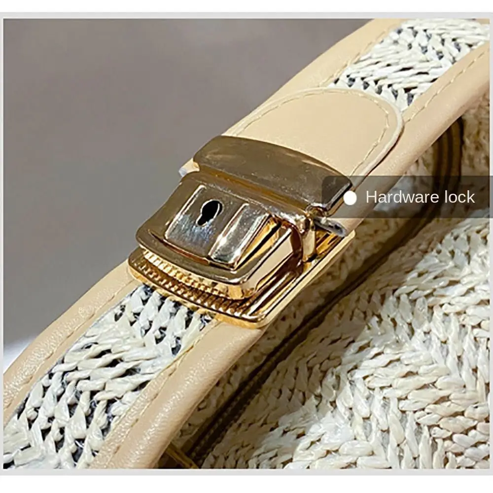 Fashion with Hardware Lock Crossbody Bag Trendy Large Capacity Simple Straw Handbag Soft Handle Beach Bag Women Girl