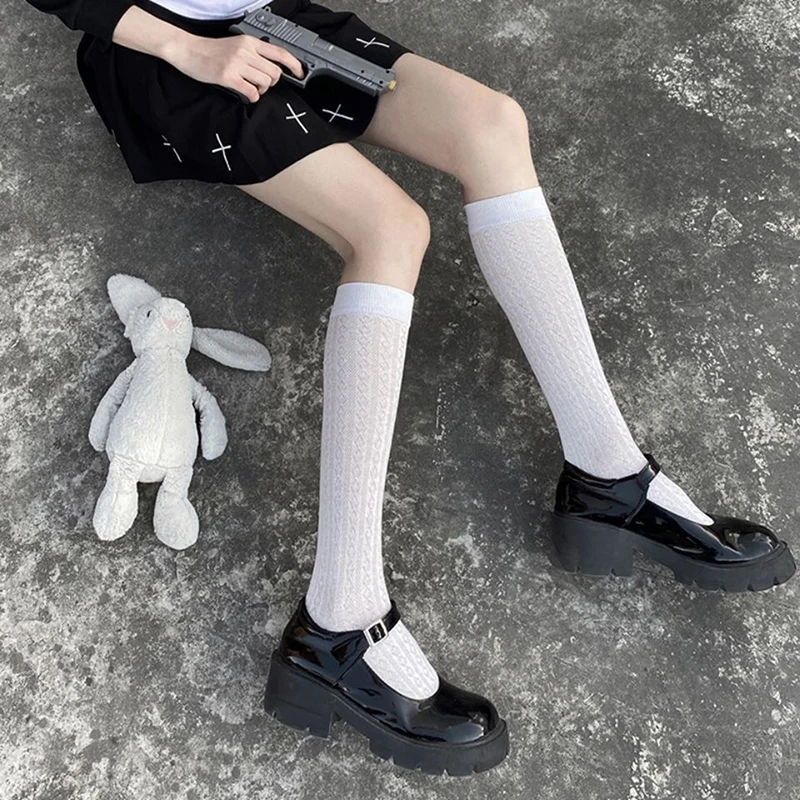 Japan Style High School Student Stockings Long Socks Solid Black White Summer Thin Woman Socks JK Costumes Girls Knee High Socks