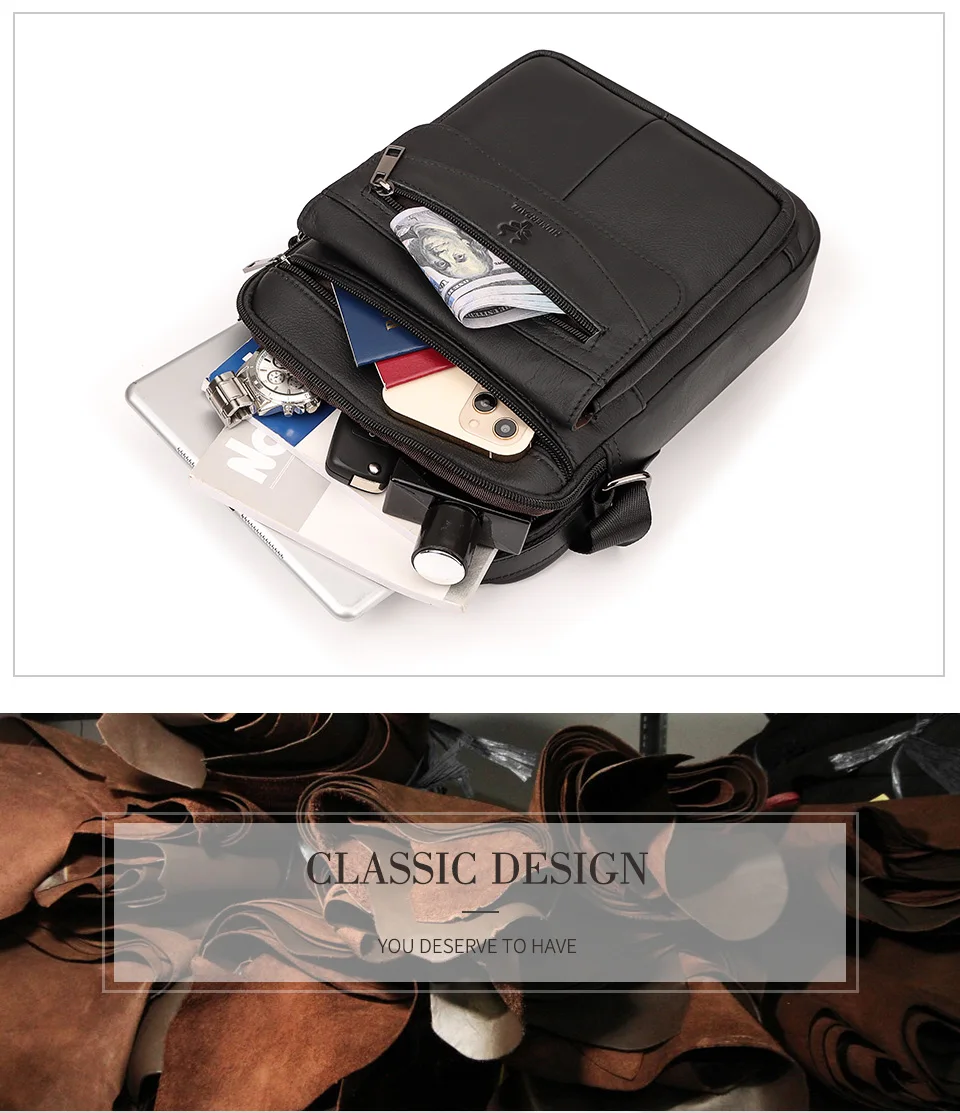 HUMERPAUL Genuine Leather Small Messenger Bag for Men Capacity Sling Crossbody Shoulder Bag Business Male Handbag for Work