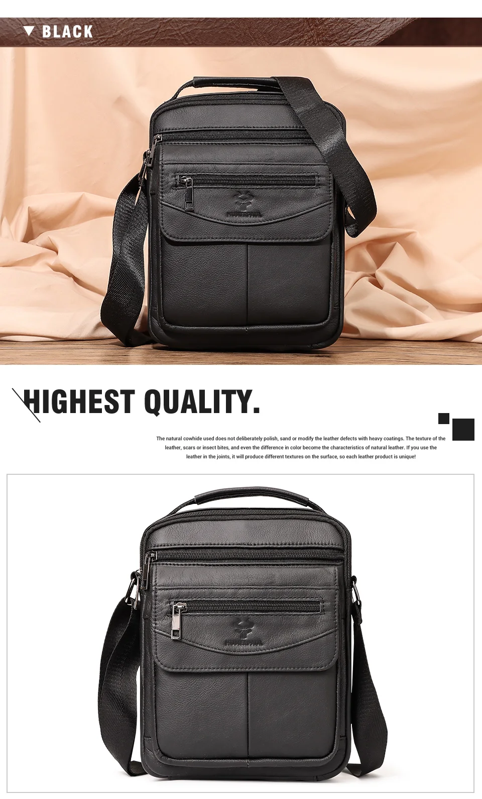 HUMERPAUL Genuine Leather Small Messenger Bag for Men Capacity Sling Crossbody Shoulder Bag Business Male Handbag for Work