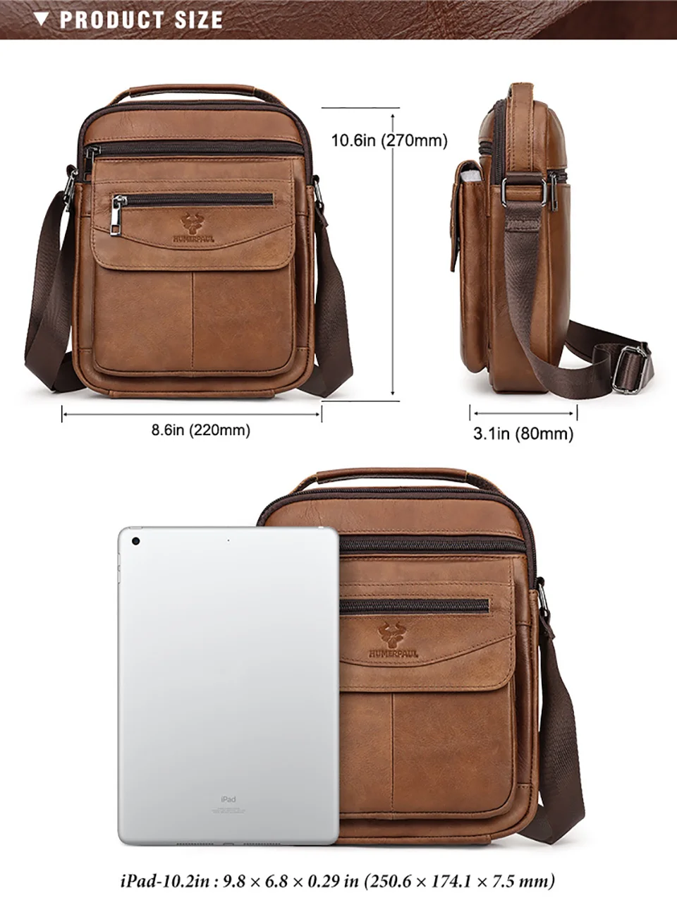 HUMERPAUL Genuine Leather Small Messenger Bag for Men Capacity Sling Crossbody Shoulder Bag Business Male Handbag for Work
