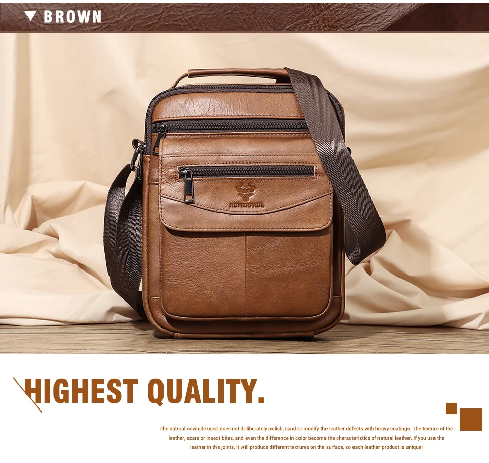 HUMERPAUL Genuine Leather Small Messenger Bag for Men Capacity Sling Crossbody Shoulder Bag Business Male Handbag for Work