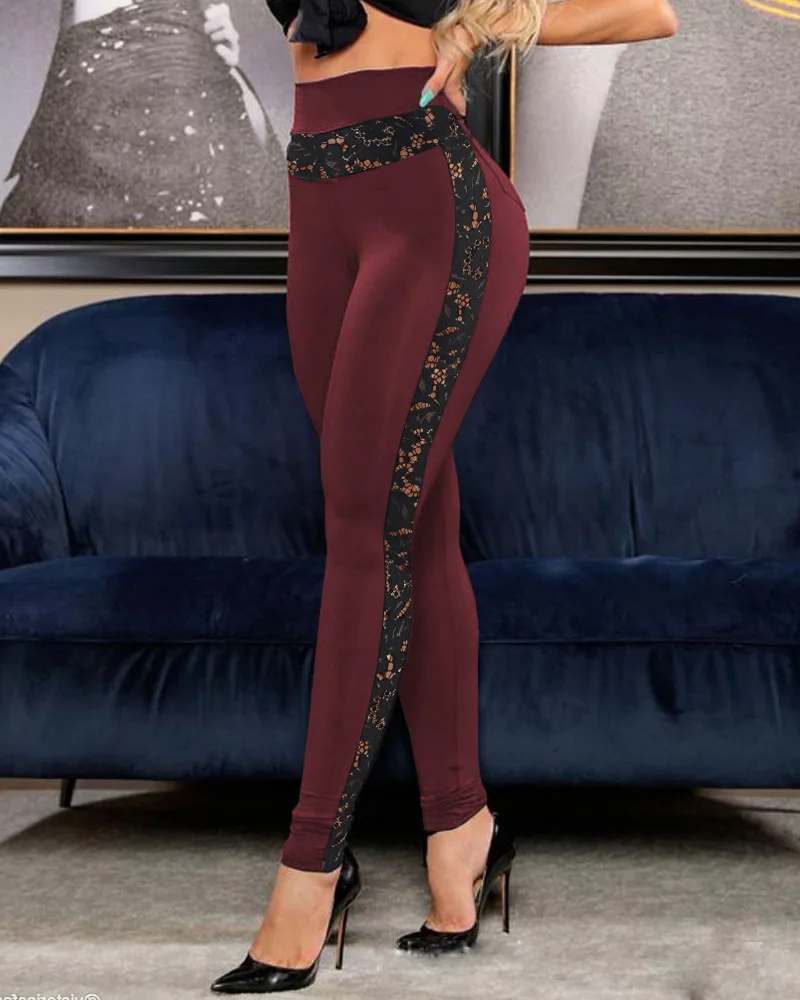 Summer pure color lace patchwork buttocks yoga pants leggings leggings leggings