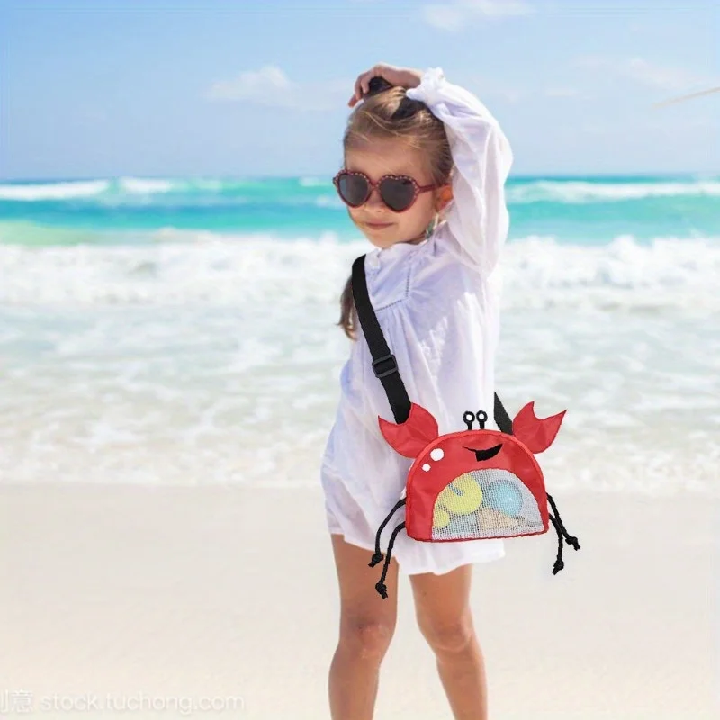 Novelty Design Crab Mesh Storage Bag, Cute Cartoon Pattern Zipper Beach Bag, Girl Fashion Shoulder Bag, Children's Crossbody Bag