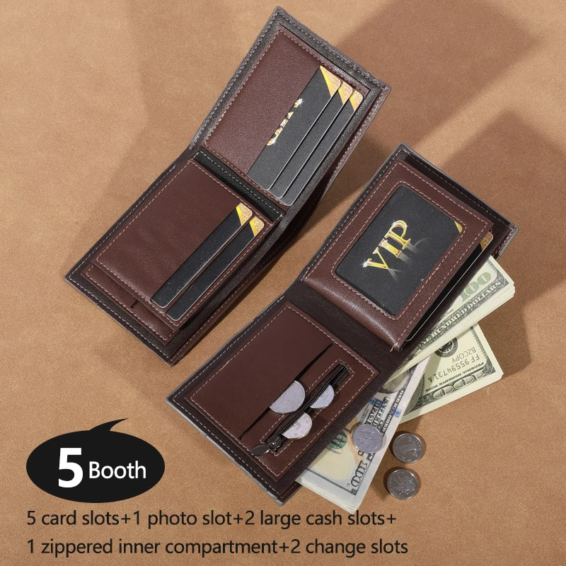 Men's high-capacity leather wallet, small multi slot photo wallet for coins, vintage wallet